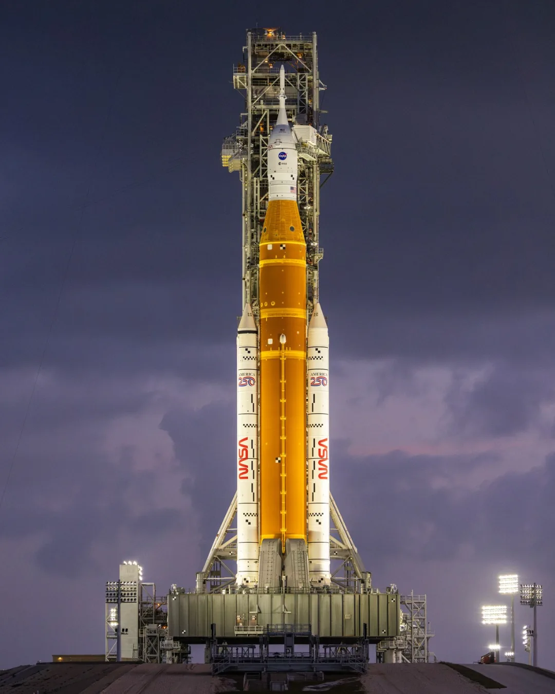 NASA SLS Rocket on Launchpad at Night